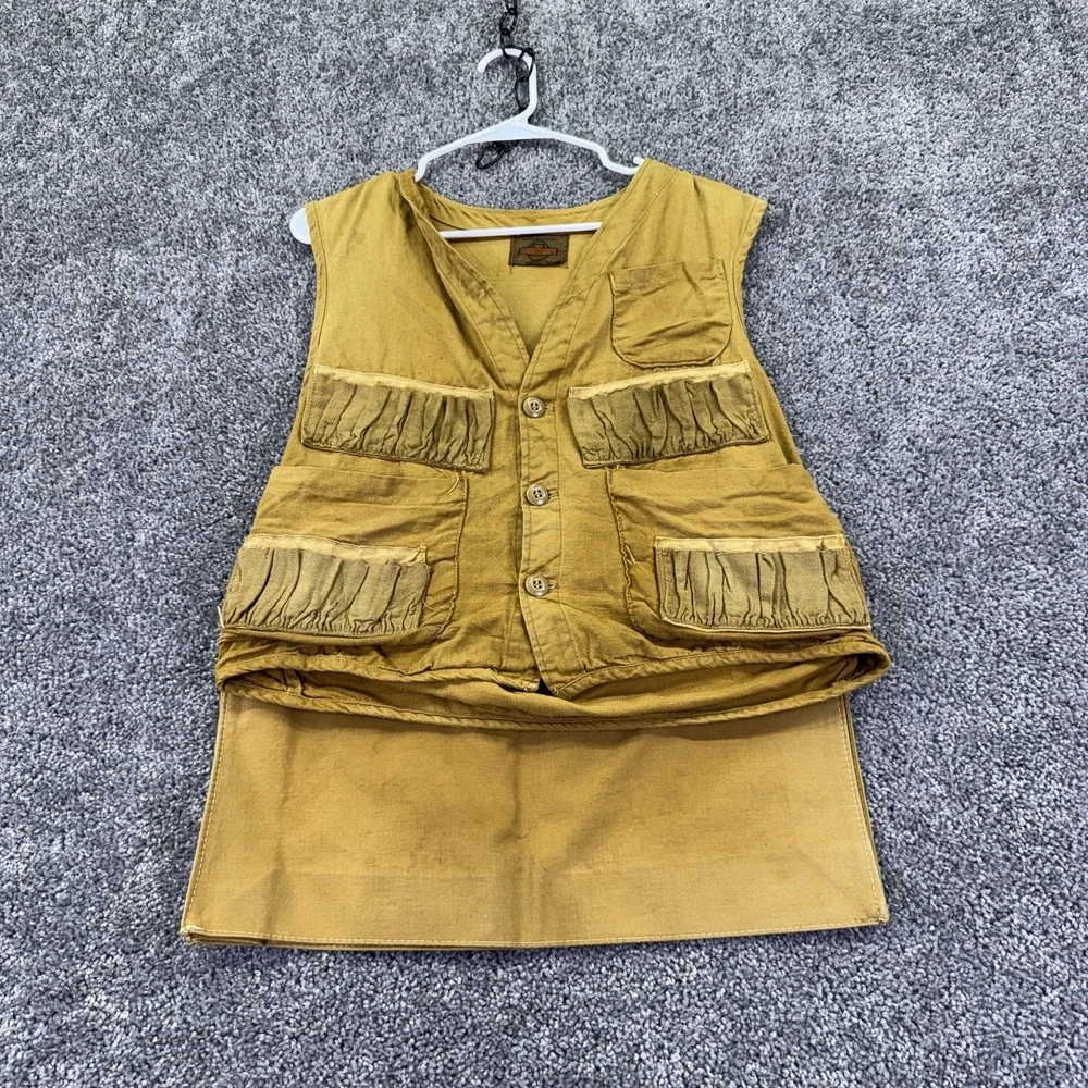 Vtg Saf-T-Bak Vest Mens Small Brown Canvas Hunting Game Pocket Water Repellent
